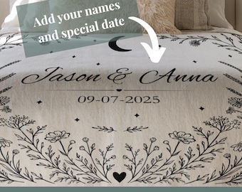 Personalized Wedding Blanket Wildflower Celestial Moon Gift Cotton Anniversary Keepsake Couple Throw
