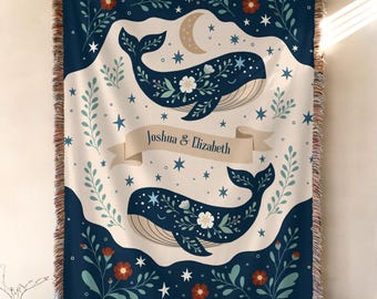 Personalized Wedding Blanket, Woven Coastal Moon Whale Cotton Anniversary Throw, Cottagecare Couples Gift