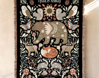 Personalized Wedding Gift, Woven Cottagacore Forest Bear Couples Blanket, Cotton Anniversary Throw