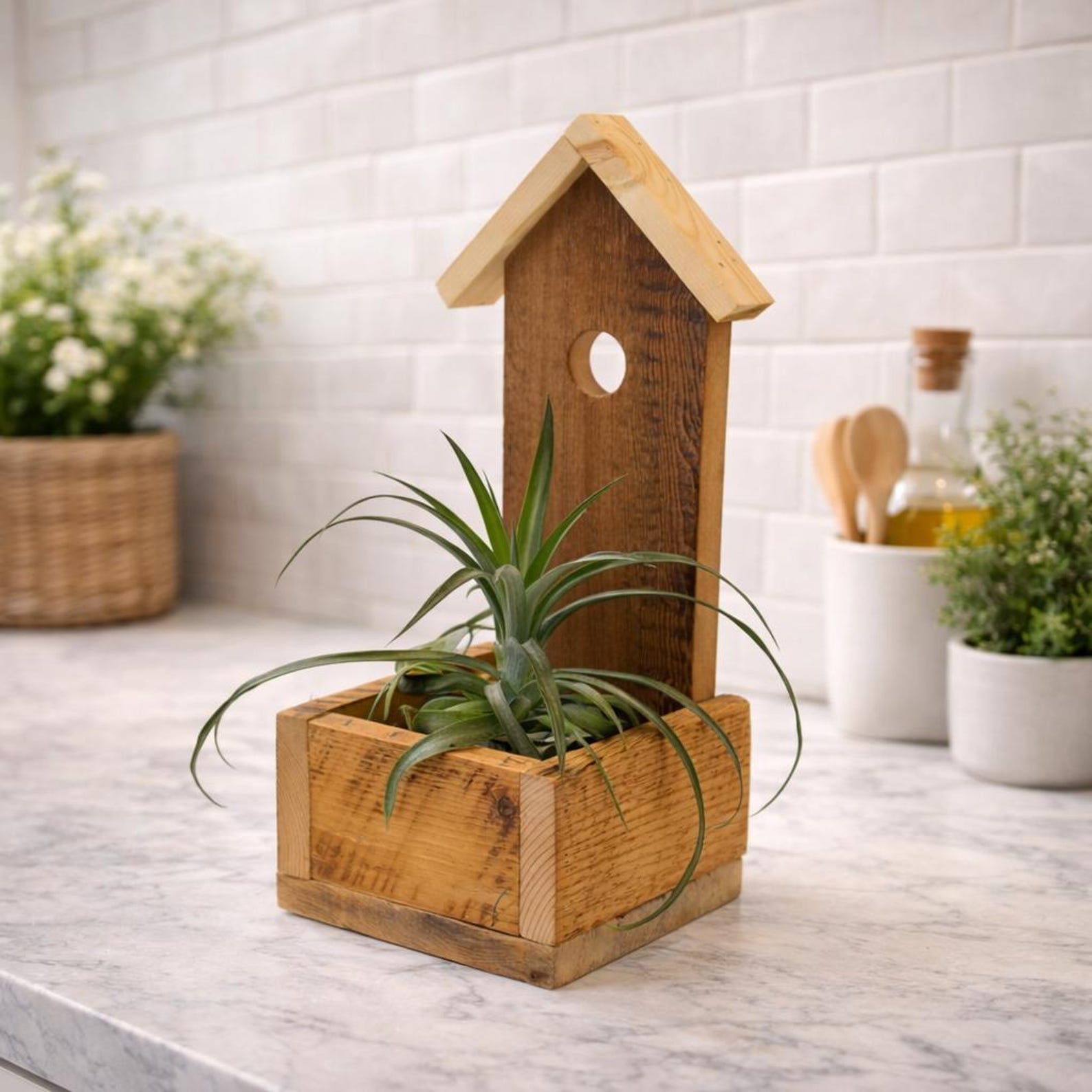 Rustic Wooden Planter With Birdhouse Back | Reclaimed Wood Decor ...