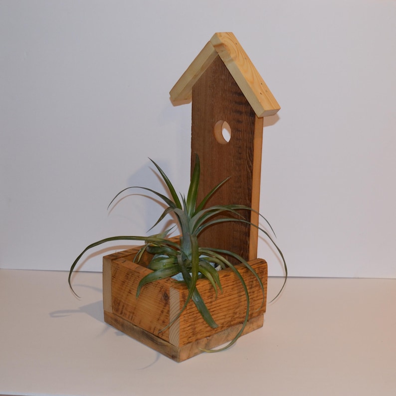 Rustic Wooden Planter With Birdhouse Back | Reclaimed Wood Decor ...