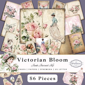 Victorian Bloom Junk Journal Kit, Ephemera, Folio Kit, Printable Pages, Scrapbook Kit, Vintage Shabby Chic Aesthetic, Journal Kit Printable