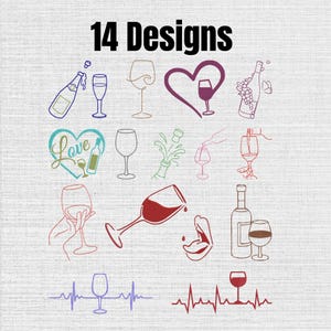 Könnte beinhalten: Eine Sammlung von 14 Designs mit Strichzeichnungen von Weinflaschen, Weingläsern, Champagnerflaschen, Herzen und Herzschlaglinien. Die Grafiken zeigen eine sich öffnende Flasche, eingeschenkten Wein und ein Glas, das von einer Hand gehalten wird.