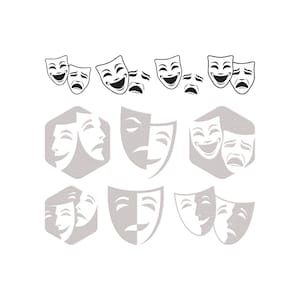 May include: A collection of theater masks in various designs. The image features both happy and sad masks, in black and white, and gray. Some masks are paired, while others are single. The masks are arranged in rows and shapes.