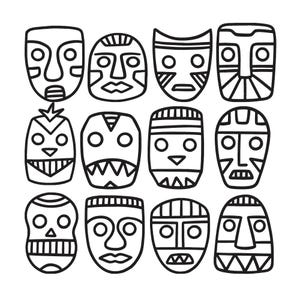 May include: A collection of twelve black and white line art illustrations of stylized masks arranged in a grid. Each mask features distinct geometric patterns, including circular eyes, varied nose shapes, and linear mouth designs with different expressions.
