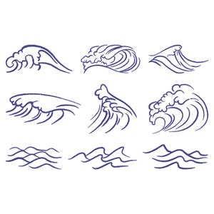 Puede incluir: Nueve ilustraciones de olas azul marino en varios estilos. Los diseños van desde líneas simples y fluidas hasta crestas rizadas más complejas. La obra de arte recuerda al arte tradicional japonés, centrándose en el movimiento y la forma del agua.