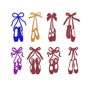 Może przedstawiać: Ilustracja ośmiu par baletek w różnych kolorach, w tym niebieskim, złotym, bordowym i fioletowym. Każda para jest zawiązana wstążką lub kokardą. Buty są przedstawione w prostym, graficznym stylu na białym tle.