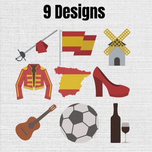 Spain Culture  Embroidery Design Bundle, Flamenco Bull Guitar Travel Spain Machine Embroidery File, Instant Download, 7 Size