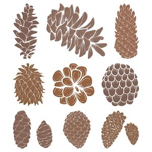 May include: A collection of nine brown and white illustrations of pine cones in various shapes and sizes. The designs include open and closed cones, with detailed textures and patterns, perfect for nature-themed crafts or decor.