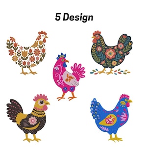 Floral Chicken Embroidery Designs: Folk Art Hen, 6 Sizes (Instant Download
