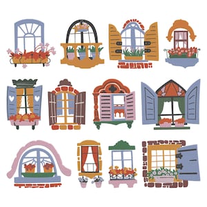 Puede incluir: Una colección de ventanas ilustradas coloridas con varios diseños. Cada ventana presenta detalles arquitectónicos únicos, jardineras y contraventanas abiertas o cerradas. Las ventanas son en tonos de azul, naranja, rosa y verde, creando una estética encantadora y caprichosa.