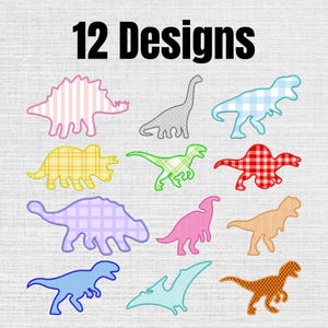 May include: A digital collection of 12 dinosaur embroidery designs featuring various species in diverse patterns and colors, including plaid, gingham, and polka dot textures. Each dinosaur is outlined with a distinct stitch border.