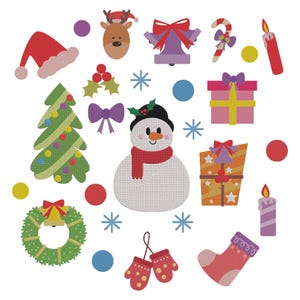 May include: A collection of Christmas-themed cutouts, including a snowman with a red scarf, a Christmas tree, a reindeer, a Santa hat, a wreath, and gift boxes. The cutouts are in various colors, such as red, green, and purple, and are arranged on a white background.