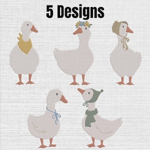 May include: Five embroidered goose designs featuring white geese with orange beaks and feet. One wears a yellow bandana, one a floral crown, one a bonnet, one a blue neck ribbon, and one a green hat and scarf. The text 5 Designs is at the top.