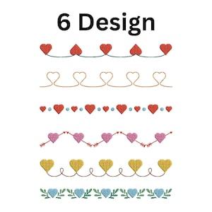 Könnte beinhalten: Ein Bild mit sechs verschiedenen gestickten Bordürendesigns. Die Designs umfassen Herzen, Pfeile und florale Elemente in verschiedenen Farben wie Rot, Rosa, Gelb, Blau und Grün. Der Text "6 Design" befindet sich oben im Bild.