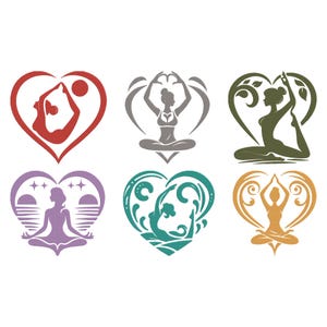 May include: Six heart-shaped yoga-themed designs. Each heart contains a silhouette of a person in a yoga pose. The hearts are in red, gray, green, purple, teal, and gold. The designs feature various yoga poses and nature-inspired elements.