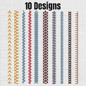 May include: A digital embroidery file display featuring the text 10 Designs at the top, followed by ten vertical rows of distinct decorative stitching patterns in various colors including yellow, red, blue, brown, and dark gray.