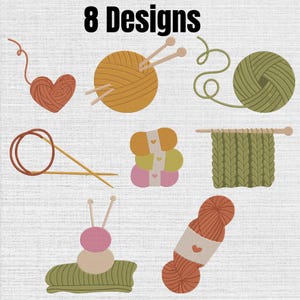 Puede incluir: Ocho diseños de bordado con motivos de punto y ganchillo, incluyendo ovillos de lana en naranja, verde y rosa, un ovillo en forma de corazón, agujas de tejer, una pila de madejas y una muestra de tejido verde con el texto 8 Designs.