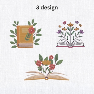 Books Embroidery Design – 3 Floral Books Machine Embroidery File – Floral Book Lover Embroidery – Instant Download – 6 Sizes