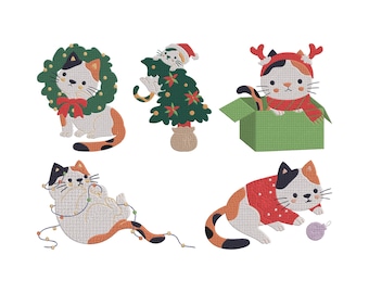 Christmas Cat Embroidery Design, Cute Cat Machine Embroidery File, Five Design, Five Size, Instant Download
