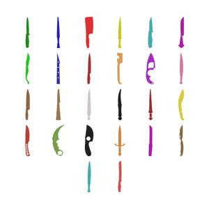 May include: A collection of twenty-nine colorful knife silhouettes arranged in a grid. The set includes various blade shapes and handle designs in shades of green, blue, red, yellow, purple, brown, black, orange, pink, and teal, all displayed against a plain white background.