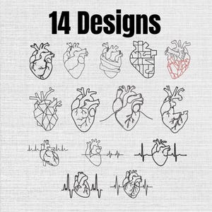 May include: A collection of 14 designs featuring anatomical heart illustrations in various styles, including line art, geometric patterns, and heart rate monitor EKG rhythms. The black ink drawings are arranged in a grid on a light gray background.