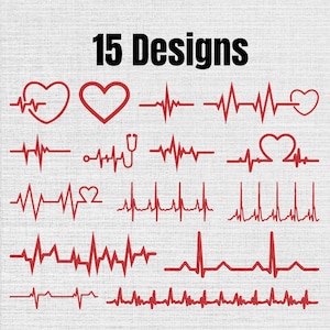 Pode incluir: Uma coleção digital de 15 designs com linhas vermelhas de ritmo cardíaco de eletrocardiograma e símbolos médicos. O conjunto gráfico inclui vários padrões de ECG, formas de coração e um ícone de estetoscópio dispostos em linhas.