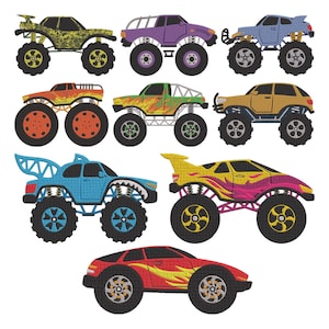 May include: A collection of colorful monster truck illustrations. The trucks feature various designs, including a shark-themed truck, a flame-decorated truck, and trucks in shades of green, purple, orange, and yellow. Each truck has large, oversized wheels.