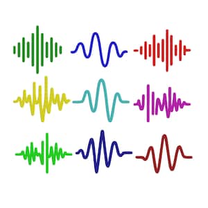 May include: A collection of nine distinct sound wave graphics arranged in a three-by-three grid. The icons feature various colors including green, blue, red, yellow, teal, purple, lime, dark blue, and maroon, displaying different frequency patterns.