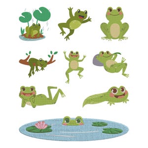 May include: A collection of embroidered frog designs in various poses. The frogs are primarily green with tan bellies and are depicted in different scenes, including a pond with lily pads and a frog in the rain.