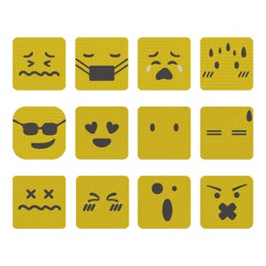 May include: A collection of twelve yellow square emoji designs, each with a unique facial expression. The expressions include a face with sunglasses, a face with hearts for eyes, a face with a mask, and a face with tears.