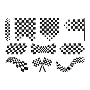 May include: A collection of black and white checkered flag designs in various shapes and styles. Includes flags, banners, and wavy patterns, perfect for racing or speed-themed projects. The designs are in a simple, graphic style.