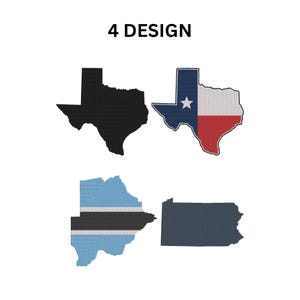 Op de afbeelding: Vier ontwerpen met contouren van staten en landen. Linksboven is een zwarte Texas-omtrek. Rechtsboven is een Texas-omtrek met de staatsvlag. Linksonder is een Botswana-omtrek met de vlag van het land. Rechtsonder is een donkerblauwe Pennsylvania-omtrek.