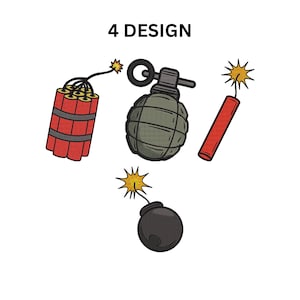 May include: Image features four designs: a bundle of red dynamite sticks, a green grenade, a red stick of dynamite, and a black bomb. Each design has a yellow explosion graphic. The text "4 DESIGN" is at the top.