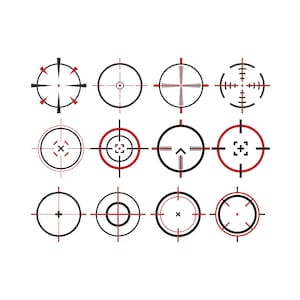 May include: A collection of twelve black and red crosshair designs, each with a unique pattern. The designs are circular, with varying shapes and sizes of crosshairs, dots, and lines. The color scheme is primarily black and red, set against a white background.