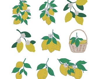 Diseño botánico de limón, archivo de bordado a máquina de fruta de verano floral de rama de limón, 9 diseños, 6 tamaños, descarga instantánea