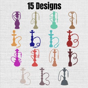 May include: A digital collection of 15 designs featuring various hookah silhouettes in distinct solid colors including purple, gold, teal, brown, orange, blue, red, pink, and grey, arranged in a grid with the text 15 Designs at the top.
