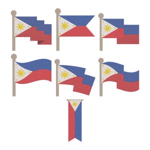 May include: A collection of stylized Philippine flags in various designs. Each flag features a blue triangle, a red field, and a white emblem with a yellow sun and stars. The flags are mounted on wooden poles.