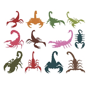 May include: A collection of twelve scorpion silhouettes arranged in a grid, featuring various colors including red, orange, olive green, light green, pink, dark brown, magenta, teal, dark olive, and brown, each displaying distinct poses and pincers.