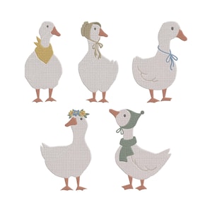 Op de afbeelding: Vijf witte ganzen met oranje snavels en poten, elk versierd met verschillende accessoires. Eén draagt een gele sjaal, een ander een muts, een derde een blauw lint, een vierde een bloemenkrans en de laatste een groene muts en sjaal.