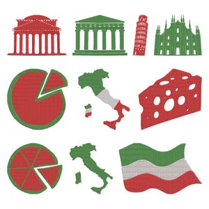 Pode incluir: Uma coleção de desenhos bordados com tema italiano. Inclui a Torre Inclinada de Pisa, uma fatia de pizza, um mapa da Itália, uma fatia de queijo e a bandeira italiana. Os desenhos são em vermelho, verde e branco.