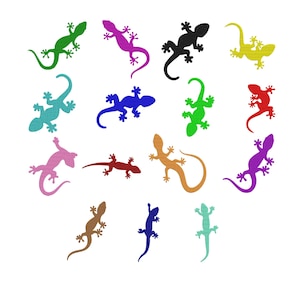 May include: A collection of fifteen lizard-shaped patches in various solid colors including green, purple, black, yellow, turquoise, blue, red, brown, orange, and light blue. Each lizard features a distinct silhouette with four legs and a tail.