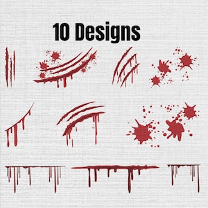 Könnte beinhalten: Eine digitale Sammlung von 10 Designs mit blutroten Grafiken, darunter verschiedene Kratzspuren, Spritzer und tropfende Muster auf einem hellgrauen, texturierten Hintergrund. Der Text 10 Designs steht oben im Bild.