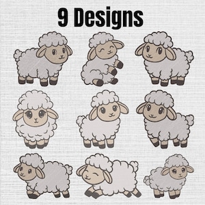 May include: A digital graphic set titled 9 Designs featuring nine distinct illustrations of cartoon sheep. Each sheep is depicted with light grey wool, tan faces, and dark brown hooves, showcasing various poses including standing, sitting, and walking.