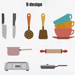 Kitchen Utensils Embroidery Design – Modern Cooking Tools  Machine Embroidery File –  Instant Download– 6 sizes