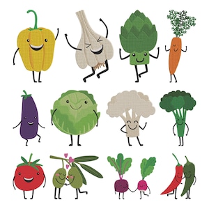 May include: A collection of cartoon vegetables with smiling faces and limbs. Includes a yellow bell pepper, garlic, artichoke, carrot, eggplant, cabbage, cauliflower, broccoli, tomato, olives, beets, and chili peppers.