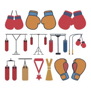 Puede incluir: Ilustración de equipamiento de boxeo, incluyendo guantes de boxeo rojos y dorados, sacos de boxeo y una medalla. Los guantes tienen detalles azules. Los sacos de boxeo son rojos, beige y azules. La medalla es roja y dorada.
