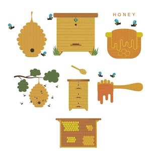 May include: A collection of embroidered honey-themed designs. Includes a beehive, honey pot, honey dipper, and a honeycomb frame. The word "HONEY" is written in uppercase letters. Bees are scattered throughout the image.