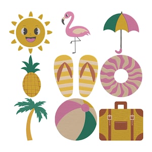 Könnte beinhalten: Eine Sammlung von Sommer-Illustrationen, darunter eine lächelnde Sonne, ein rosa Flamingo, ein Sonnenschirm, Flip-Flops, eine Ananas, eine Palme, ein Strandball, eine Schwimmring und ein Koffer. Die Farbpalette umfasst Gelb, Rosa, Grün und Braun.