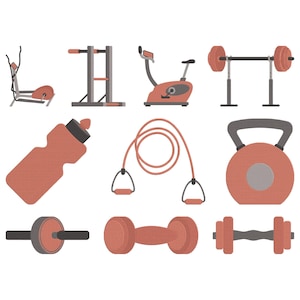 May include: Collection of fitness equipment illustrations in shades of orange and gray. Includes an elliptical machine, pull-up bar, stationary bike, barbell, water bottle, jump rope, kettlebell, ab roller, dumbbell, and a set of dumbbells.